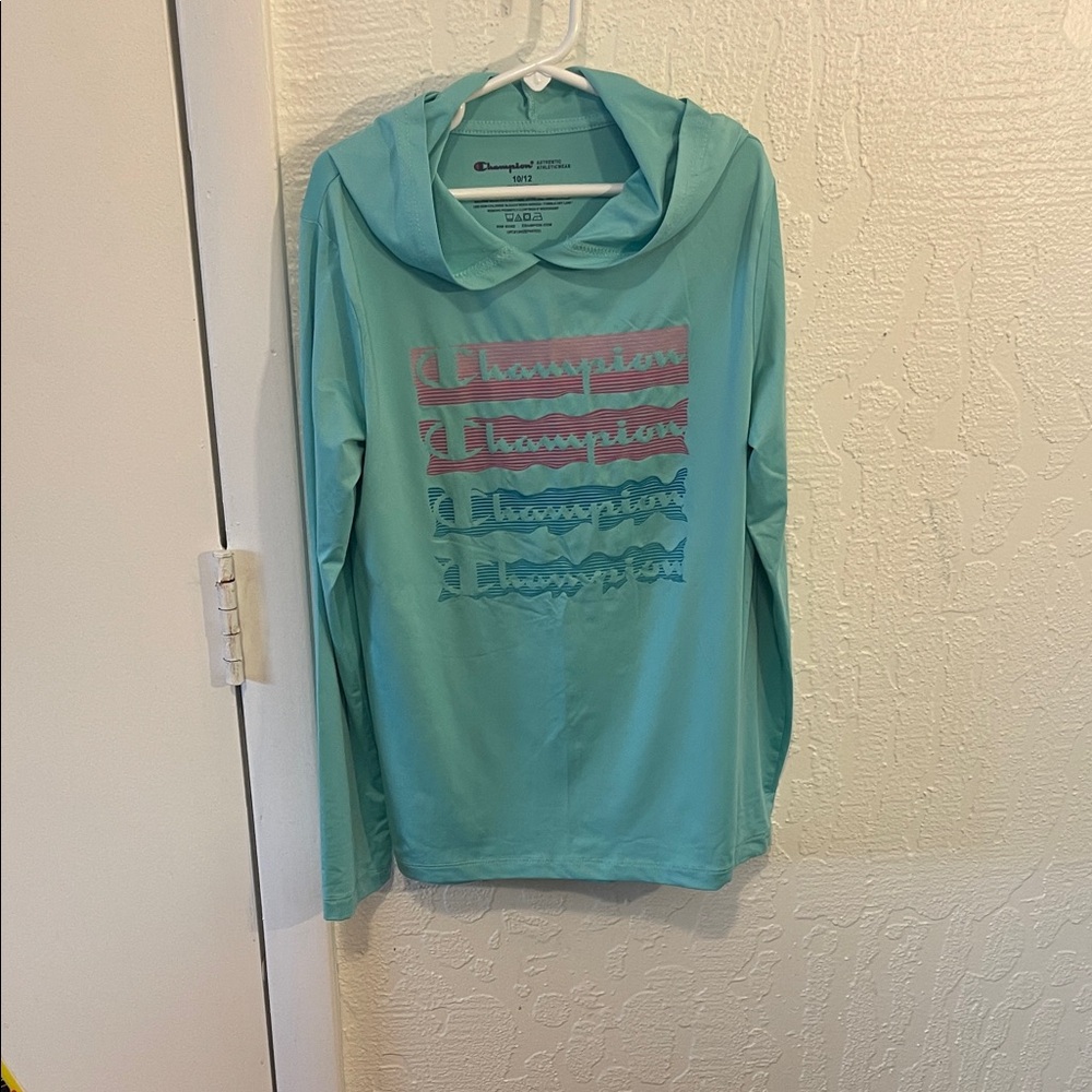 Champion Teal Hoodie with Multicolor Logo